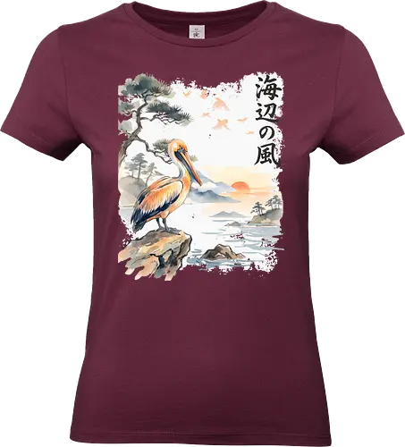 Japanischer Küstenvogel – Sumi-e Landschaft & Naturkunst - Pelikan, Küstenvogel, Japanische Landschaft, Sumi-e, Aquarell, Vogelkunst, Meer, Zen, Naturmotiv, Asiatische Kunst, Wildlife, Sonnenuntergang, Japan Stil, Wandkunst, Illustration - Standard T-Shirt (Frauen)