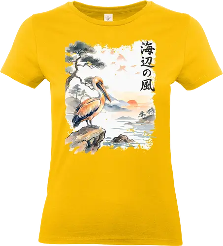 Japanischer Küstenvogel – Sumi-e Landschaft & Naturkunst - Pelikan, Küstenvogel, Japanische Landschaft, Sumi-e, Aquarell, Vogelkunst, Meer, Zen, Naturmotiv, Asiatische Kunst, Wildlife, Sonnenuntergang, Japan Stil, Wandkunst, Illustration - Standard T-Shirt (Frauen)