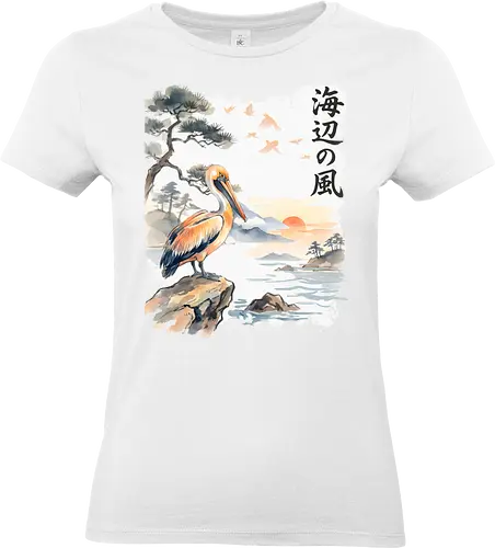Japanischer Küstenvogel – Sumi-e Landschaft & Naturkunst - Pelikan, Küstenvogel, Japanische Landschaft, Sumi-e, Aquarell, Vogelkunst, Meer, Zen, Naturmotiv, Asiatische Kunst, Wildlife, Sonnenuntergang, Japan Stil, Wandkunst, Illustration - Standard T-Shirt (Frauen)