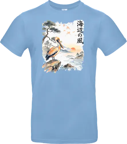 Japanischer Küstenvogel – Sumi-e Landschaft & Naturkunst - Pelikan, Küstenvogel, Japanische Landschaft, Sumi-e, Aquarell, Vogelkunst, Meer, Zen, Naturmotiv, Asiatische Kunst, Wildlife, Sonnenuntergang, Japan Stil, Wandkunst, Illustration - Standard T-Shirt