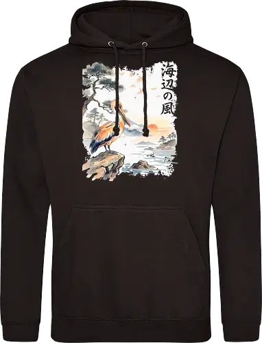 Japanischer Küstenvogel – Sumi-e Landschaft & Naturkunst - Pelikan, Küstenvogel, Japanische Landschaft, Sumi-e, Aquarell, Vogelkunst, Meer, Zen, Naturmotiv, Asiatische Kunst, Wildlife, Sonnenuntergang, Japan Stil, Wandkunst, Illustration - Standard Hoodie