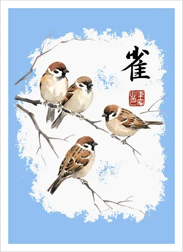 Japanische Sperlinge – Sumi-e Vogelkunst mit Aquarell
