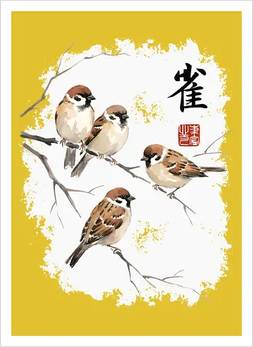Japanische Sperlinge – Sumi-e Vogelkunst mit Aquarell