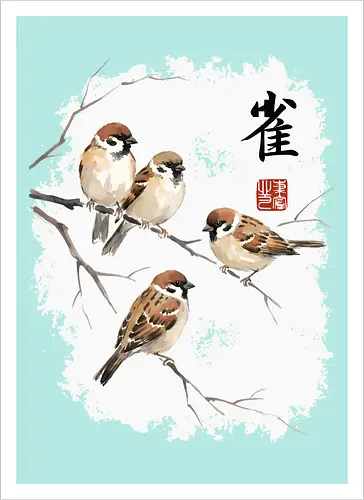 Japanische Sperlinge – Sumi-e Vogelkunst mit Aquarell