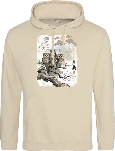 Japanische Eulen im Mondlicht – Vintage Sumi-e Naturkunst - Eule, Japanische Eule, Sumi-e, Mond, Vintage Kunst, Naturmotiv, Waldvogel, Zen Kunst, Tuschemalerei, Aquarell, Vogel Illustration, Japan Stil, Tierkunst, Asiatische Kunst, Wildlife - Standard Hoodie