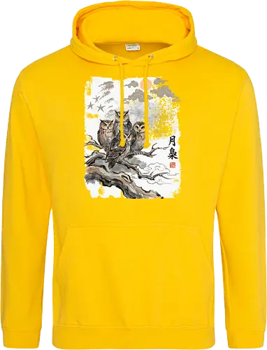 Japanische Eulen im Mondlicht – Vintage Sumi-e Naturkunst - Eule, Japanische Eule, Sumi-e, Mond, Vintage Kunst, Naturmotiv, Waldvogel, Zen Kunst, Tuschemalerei, Aquarell, Vogel Illustration, Japan Stil, Tierkunst, Asiatische Kunst, Wildlife - Standard Hoodie