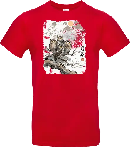 Japanische Eulen im Mondlicht – Vintage Sumi-e Naturkunst - Eule, Japanische Eule, Sumi-e, Mond, Vintage Kunst, Naturmotiv, Waldvogel, Zen Kunst, Tuschemalerei, Aquarell, Vogel Illustration, Japan Stil, Tierkunst, Asiatische Kunst, Wildlife - Standard T-Shirt