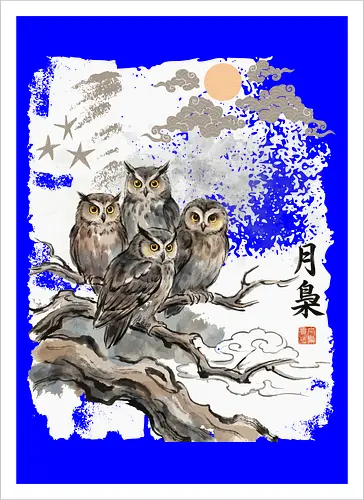 Japanische Eulen im Mondlicht – Vintage Sumi-e Naturkunst