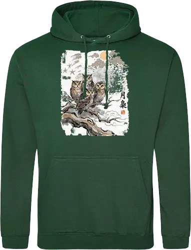 Japanische Eulen im Mondlicht – Vintage Sumi-e Naturkunst - Eule, Japanische Eule, Sumi-e, Mond, Vintage Kunst, Naturmotiv, Waldvogel, Zen Kunst, Tuschemalerei, Aquarell, Vogel Illustration, Japan Stil, Tierkunst, Asiatische Kunst, Wildlife - Standard Hoodie