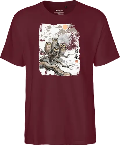 Japanische Eulen im Mondlicht – Vintage Sumi-e Naturkunst - Eule, Japanische Eule, Sumi-e, Mond, Vintage Kunst, Naturmotiv, Waldvogel, Zen Kunst, Tuschemalerei, Aquarell, Vogel Illustration, Japan Stil, Tierkunst, Asiatische Kunst, Wildlife - Fairtrade T-Shirt