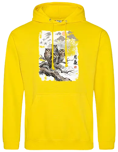 Japanische Eulen im Mondlicht – Vintage Sumi-e Naturkunst - Eule, Japanische Eule, Sumi-e, Mond, Vintage Kunst, Naturmotiv, Waldvogel, Zen Kunst, Tuschemalerei, Aquarell, Vogel Illustration, Japan Stil, Tierkunst, Asiatische Kunst, Wildlife - Standard Hoodie