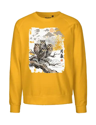 Japanische Eulen im Mondlicht – Vintage Sumi-e Naturkunst - Eule, Japanische Eule, Sumi-e, Mond, Vintage Kunst, Naturmotiv, Waldvogel, Zen Kunst, Tuschemalerei, Aquarell, Vogel Illustration, Japan Stil, Tierkunst, Asiatische Kunst, Wildlife - Fairtrade Sweatshirt