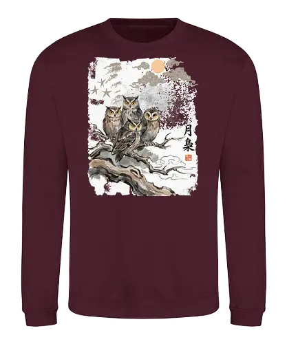 Japanische Eulen im Mondlicht – Vintage Sumi-e Naturkunst - Eule, Japanische Eule, Sumi-e, Mond, Vintage Kunst, Naturmotiv, Waldvogel, Zen Kunst, Tuschemalerei, Aquarell, Vogel Illustration, Japan Stil, Tierkunst, Asiatische Kunst, Wildlife - Sweatshirt