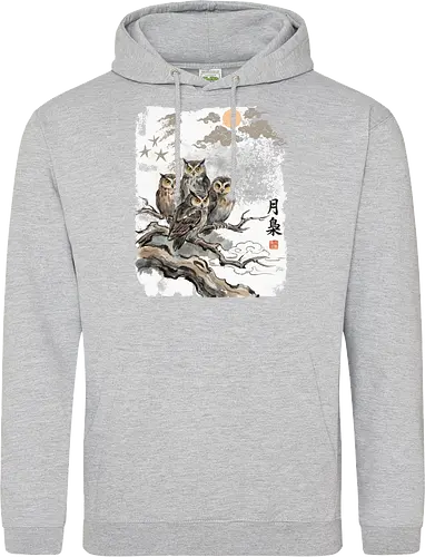 Japanische Eulen im Mondlicht – Vintage Sumi-e Naturkunst - Eule, Japanische Eule, Sumi-e, Mond, Vintage Kunst, Naturmotiv, Waldvogel, Zen Kunst, Tuschemalerei, Aquarell, Vogel Illustration, Japan Stil, Tierkunst, Asiatische Kunst, Wildlife - Standard Hoodie