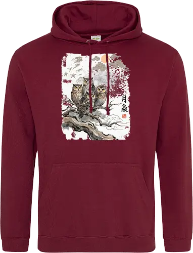Japanische Eulen im Mondlicht – Vintage Sumi-e Naturkunst - Eule, Japanische Eule, Sumi-e, Mond, Vintage Kunst, Naturmotiv, Waldvogel, Zen Kunst, Tuschemalerei, Aquarell, Vogel Illustration, Japan Stil, Tierkunst, Asiatische Kunst, Wildlife - Standard Hoodie