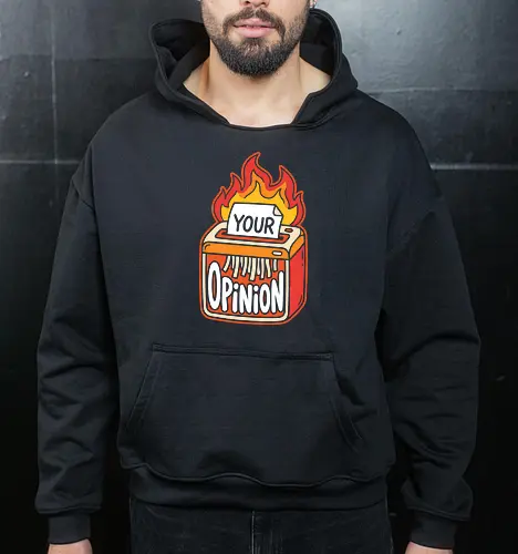 The Opinion Shredder: Flaming Hot Takes - funny sarcastic shirt, opinion shredder graphic, edgy office humor, flaming hot takes, retro pop art tee, I dont care apparel, unsolicited advice meme, quirky streetwear clothing, burning paper shredder, sarcastic aesthetic fashion - Cropped Hoodie