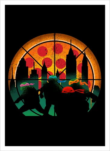 TMNT - Slices of City Adventure - Turtle, 90s, cartoons, donatello, leonardo, master splinter, michelangelo, new york, pizza, raphael, shredder, turtles, movie, pizza lover, tv shows - Kunstdruck
