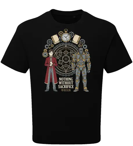 The Alchemist's Burden - alchemy circle graphic tee, steampunk anime apparel, equivalent exchange design, FMAB streetwear clothing, retro shonen manga tee, dark fantasy anime fashion, Japanese text anime shirt, aesthetic otaku graphic tee, Edward, Alphonse - Oversize T-Shirt
