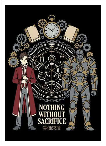 The Alchemist's Burden - alchemy circle graphic tee, steampunk anime apparel, equivalent exchange design, FMAB streetwear clothing, retro shonen manga tee, dark fantasy anime fashion, Japanese text anime shirt, aesthetic otaku graphic tee, Edward, Alphonse - Kunstdruck
