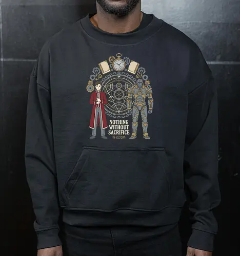 The Alchemist's Burden - alchemy circle graphic tee, steampunk anime apparel, equivalent exchange design, FMAB streetwear clothing, retro shonen manga tee, dark fantasy anime fashion, Japanese text anime shirt, aesthetic otaku graphic tee, Edward, Alphonse - Cropped Sweatshirt