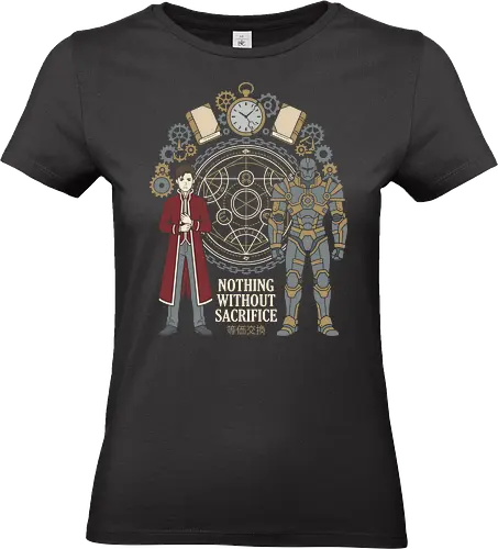 The Alchemist's Burden - alchemy circle graphic tee, steampunk anime apparel, equivalent exchange design, FMAB streetwear clothing, retro shonen manga tee, dark fantasy anime fashion, Japanese text anime shirt, aesthetic otaku graphic tee, Edward, Alphonse - Standard T-Shirt (Frauen)