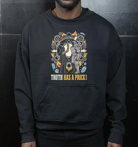 Gate of Truth: The Cost of Alchemy - Elric brothers graphic tee, Gate of Truth apparel, transmutation circle design, dark fantasy anime streetwear, FMAB aesthetic clothing, automail arm graphic, shonen manga fashion, nostalgic anime merch, symbolic otaku tee - Cropped Sweatshirt