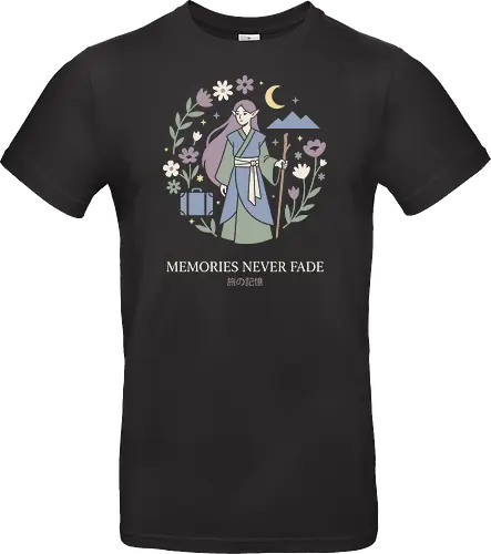 Everlasting Journey: The Wandering Elf - Frieren inspired shirt, elven mage graphic tee, aesthetic anime apparel, pastel fantasy streetwear, cottagecore anime clothing, magical elf merch, nostalgic journey design, Japanese text aesthetic shirt, cozy fantasy fashion, floral wreath anime tee - Standard T-Shirt