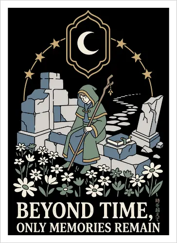 Beyond Time: The Wandering Mage - Frieren inspired shirt, fantasy anime graphic tee, wandering mage apparel, cozy RPG streetwear, aesthetic otaku clothing, pastel fantasy design, nostalgic anime merch, wizard ruins illustration, Japanese text aesthetic shirt, cottagecore anime fashion - Kunstdruck