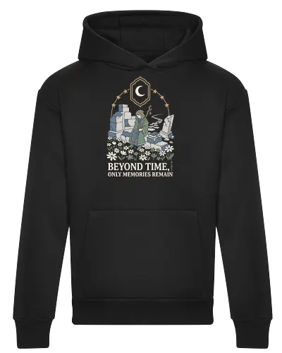 Beyond Time: The Wandering Mage - Frieren inspired shirt, fantasy anime graphic tee, wandering mage apparel, cozy RPG streetwear, aesthetic otaku clothing, pastel fantasy design, nostalgic anime merch, wizard ruins illustration, Japanese text aesthetic shirt, cottagecore anime fashion - Heavyweight Hoodie