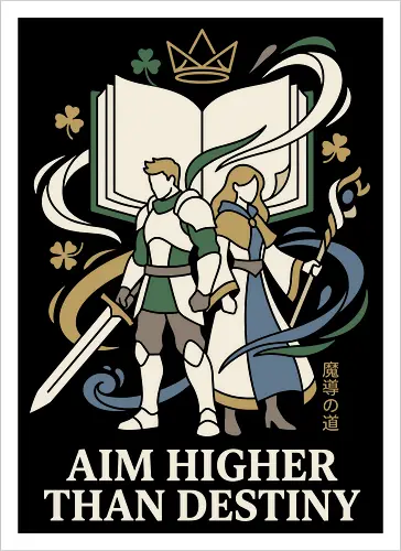 Aim Higher: The Knight and The Mage - fantasy anime shirt, magic knight graphic tee, RPG streetwear apparel, Asta and Yuno merch, Black Clover inspired design, minimalist anime clothing, shonen anime duo, aesthetic otaku fashion, magical grimoire tee, Japanese text fantasy shirt - Kunstdruck