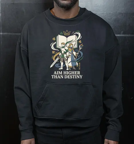 Aim Higher: The Knight and The Mage - fantasy anime shirt, magic knight graphic tee, RPG streetwear apparel, Asta and Yuno merch, Black Clover inspired design, minimalist anime clothing, shonen anime duo, aesthetic otaku fashion, magical grimoire tee, Japanese text fantasy shirt - Cropped Sweatshirt