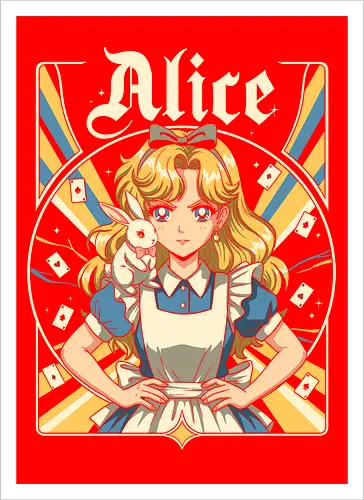 Alice - alice, wonderland, fantasy, fairytale, rabbit, magic, storybook, anime, manga, kawaii, retro, vintage, geek, classic, adventure, curious, dream, dreamy, whimsical, fantastic, tea, queen, cards, aesthetic, illustration, art, magical, nostalgia, fable, fairy - Kunstdruck