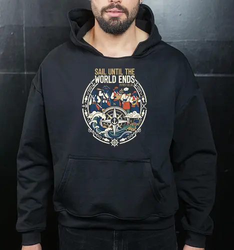 Sail Until the World Ends: The Pirate Crew - pirate crew shirt, anime pirate graphic tee, nautical adventure apparel, vintage compass design, ocean wave streetwear, sailor aesthetic clothing, One Piece inspired tee, Japanese text graphic shirt, treasure hunting merch, classic pirate illustration - Cropped Hoodie