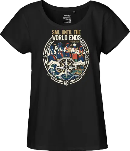 Sail Until the World Ends: The Pirate Crew - pirate crew shirt, anime pirate graphic tee, nautical adventure apparel, vintage compass design, ocean wave streetwear, sailor aesthetic clothing, One Piece inspired tee, Japanese text graphic shirt, treasure hunting merch, classic pirate illustration - Fairtrade Girl Shirt
