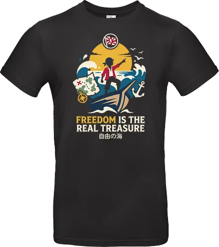 Freedom is the Real Treasure - pirate adventure shirt, anime sailing graphic tee, freedom quote apparel, One Piece inspired design, nautical streetwear, retro ocean wave shirt, treasure map graphic, Japanese text pirate merch, minimalist anime fashion, wanderlust clothing - Standard T-Shirt