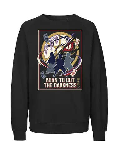 The Hunter Trio - Demon Slayer inspired shirt, anime swordsman graphic tee, demon hunter trio apparel, dark fantasy anime streetwear, shonen manga clothing, wisteria flower anime design, minimalist otaku fashion, Japanese talisman graphic, retro anime poster tee, cut the darkness shirt - Fairtrade Sweatshirt
