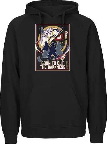The Hunter Trio - Demon Slayer inspired shirt, anime swordsman graphic tee, demon hunter trio apparel, dark fantasy anime streetwear, shonen manga clothing, wisteria flower anime design, minimalist otaku fashion, Japanese talisman graphic, retro anime poster tee, cut the darkness shirt - Fairtrade Hoodie