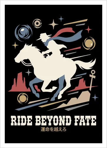 Ride Beyond Fate - Jojo Steel Ball Run shirt, Gyro Zeppeli graphic tee, anime cowboy apparel, golden spin streetwear, manga horse rider design, retro anime western clothing, ride beyond fate shirt, aesthetic otaku fashion, JJBA part 7 merch, Japanese text desert graphic - Kunstdruck