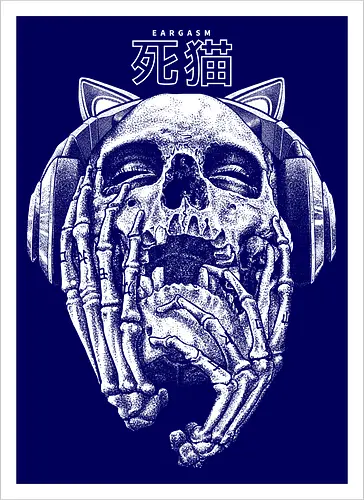 Eargasm - music, skeleton, drawing, hand drawing, skull, rose, black craft, dark magic, macabre, goth, gothic, dark art, black work, street style, streetwear, japanese metal, kanji, japan, japanese, tattoo, dark aesthetic, death metal, deathcore, satanic - Kunstdruck