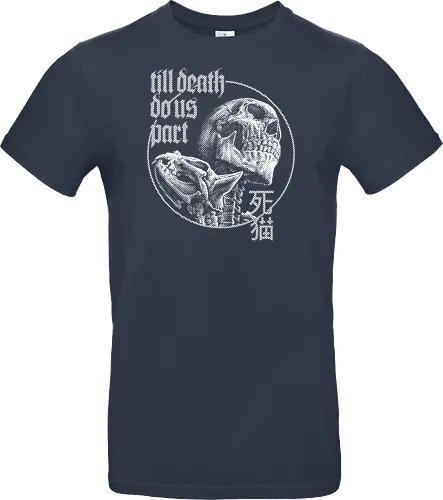 Till Death Do Us Part V2 - cat, skull, till death do us part, skeleton, meow, kitten, kitty, neko, death, drawing, black craft, dark magic, macabre, goth, gothic, dark art, black work, demon, spirit, evil, satan, Black and White, macabre, haunted, horror, dark magic, street style, streetwear, halloween, hand drawing, metal artwork - Standard T-Shirt