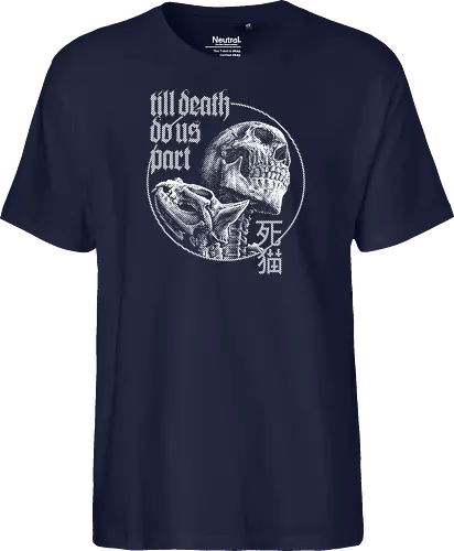 Till Death Do Us Part V2 - cat, skull, till death do us part, skeleton, meow, kitten, kitty, neko, death, drawing, black craft, dark magic, macabre, goth, gothic, dark art, black work, demon, spirit, evil, satan, Black and White, macabre, haunted, horror, dark magic, street style, streetwear, halloween, hand drawing, metal artwork - Fairtrade T-Shirt