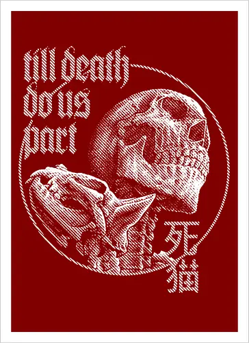 Till Death Do Us Part V2 - cat, skull, till death do us part, skeleton, meow, kitten, kitty, neko, death, drawing, black craft, dark magic, macabre, goth, gothic, dark art, black work, demon, spirit, evil, satan, Black and White, macabre, haunted, horror, dark magic, street style, streetwear, halloween, hand drawing, metal artwork - Kunstdruck