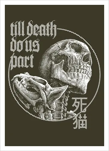 Till Death Do Us Part V2 - cat, skull, till death do us part, skeleton, meow, kitten, kitty, neko, death, drawing, black craft, dark magic, macabre, goth, gothic, dark art, black work, demon, spirit, evil, satan, Black and White, macabre, haunted, horror, dark magic, street style, streetwear, halloween, hand drawing, metal artwork - Kunstdruck