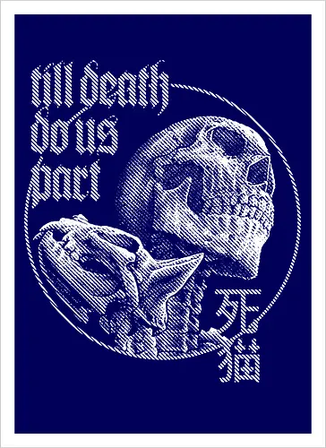 Till Death Do Us Part V2 - cat, skull, till death do us part, skeleton, meow, kitten, kitty, neko, death, drawing, black craft, dark magic, macabre, goth, gothic, dark art, black work, demon, spirit, evil, satan, Black and White, macabre, haunted, horror, dark magic, street style, streetwear, halloween, hand drawing, metal artwork - Kunstdruck