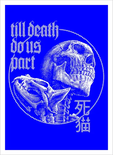Till Death Do Us Part V2 - cat, skull, till death do us part, skeleton, meow, kitten, kitty, neko, death, drawing, black craft, dark magic, macabre, goth, gothic, dark art, black work, demon, spirit, evil, satan, Black and White, macabre, haunted, horror, dark magic, street style, streetwear, halloween, hand drawing, metal artwork - Kunstdruck