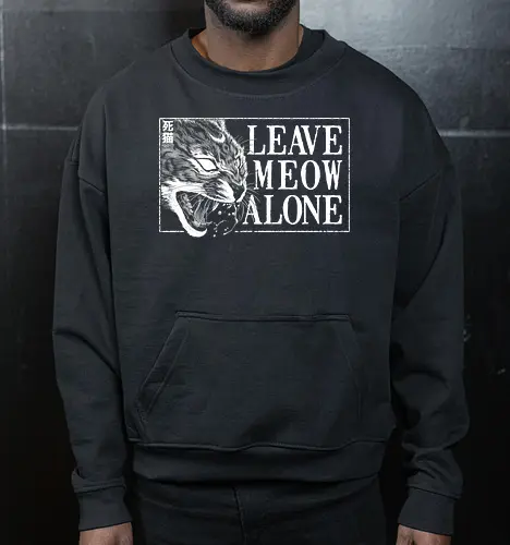 Leave Meow Alone - baphomet, satanic cat, neko, cat, death cat, skull cat, metal cat, death metal, deathcore, black metal, aesthetic, japan, introvert, alone, anti social, black and white, streetwear, macabre, satanic, goth, goth cat, gothic, dark art, metal logo, black metal logo, deathcore font, occult, underground, black work, rebel cat, witchcraft, halloween, dark magic, lucifer, demon, hell, devil - Cropped Sweatshirt
