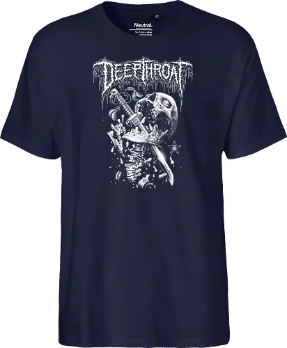 Deep Throat - skull, katana, zombie skeleton, drawing, hand drawing, black craft, dark magic, macabre, goth, gothic, dark art, black work, demon, spirit, evil, satan, Black and White, macabre, haunted, horror, dark magic, metal artwork, street style, streetwear, halloween, katana, deep throat, dirty mind, zombie, metal logo, pentagram, baphomet, lucifer, lilith, astaroth - Fairtrade T-Shirt