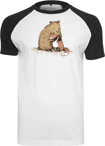 Flauschiger Bär Umarmt Kleinen Fuchs Gemütliche Kunst - Bär umarmt Fuchs, Waldtier Illustration, Bleistift Kunst Erdtöne, warme Tier Umarmung, Bär Fuchs Shirt, künstlerische Tier Illustration, Waldtierfreunde, gemütliche süße Kunst, fürsorglicher Tier Druck, Tier Skizze Illustration, besonderes Tier Geschenk, flauschiger Karamell Bär, süßer weißer orangener Fuchs, Tier Zuneigung Kunst, Tierfreundschaft Geschenk - Raglan T-Shirt