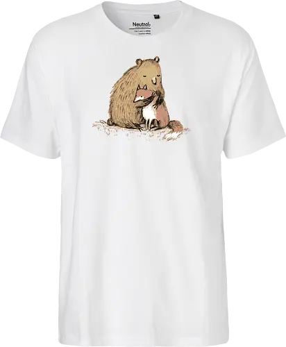 Flauschiger Bär Umarmt Kleinen Fuchs Gemütliche Kunst - Bär umarmt Fuchs, Waldtier Illustration, Bleistift Kunst Erdtöne, warme Tier Umarmung, Bär Fuchs Shirt, künstlerische Tier Illustration, Waldtierfreunde, gemütliche süße Kunst, fürsorglicher Tier Druck, Tier Skizze Illustration, besonderes Tier Geschenk, flauschiger Karamell Bär, süßer weißer orangener Fuchs, Tier Zuneigung Kunst, Tierfreundschaft Geschenk - Fairtrade T-Shirt