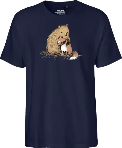 Flauschiger Bär Umarmt Kleinen Fuchs Gemütliche Kunst - Bär umarmt Fuchs, Waldtier Illustration, Bleistift Kunst Erdtöne, warme Tier Umarmung, Bär Fuchs Shirt, künstlerische Tier Illustration, Waldtierfreunde, gemütliche süße Kunst, fürsorglicher Tier Druck, Tier Skizze Illustration, besonderes Tier Geschenk, flauschiger Karamell Bär, süßer weißer orangener Fuchs, Tier Zuneigung Kunst, Tierfreundschaft Geschenk - Fairtrade T-Shirt